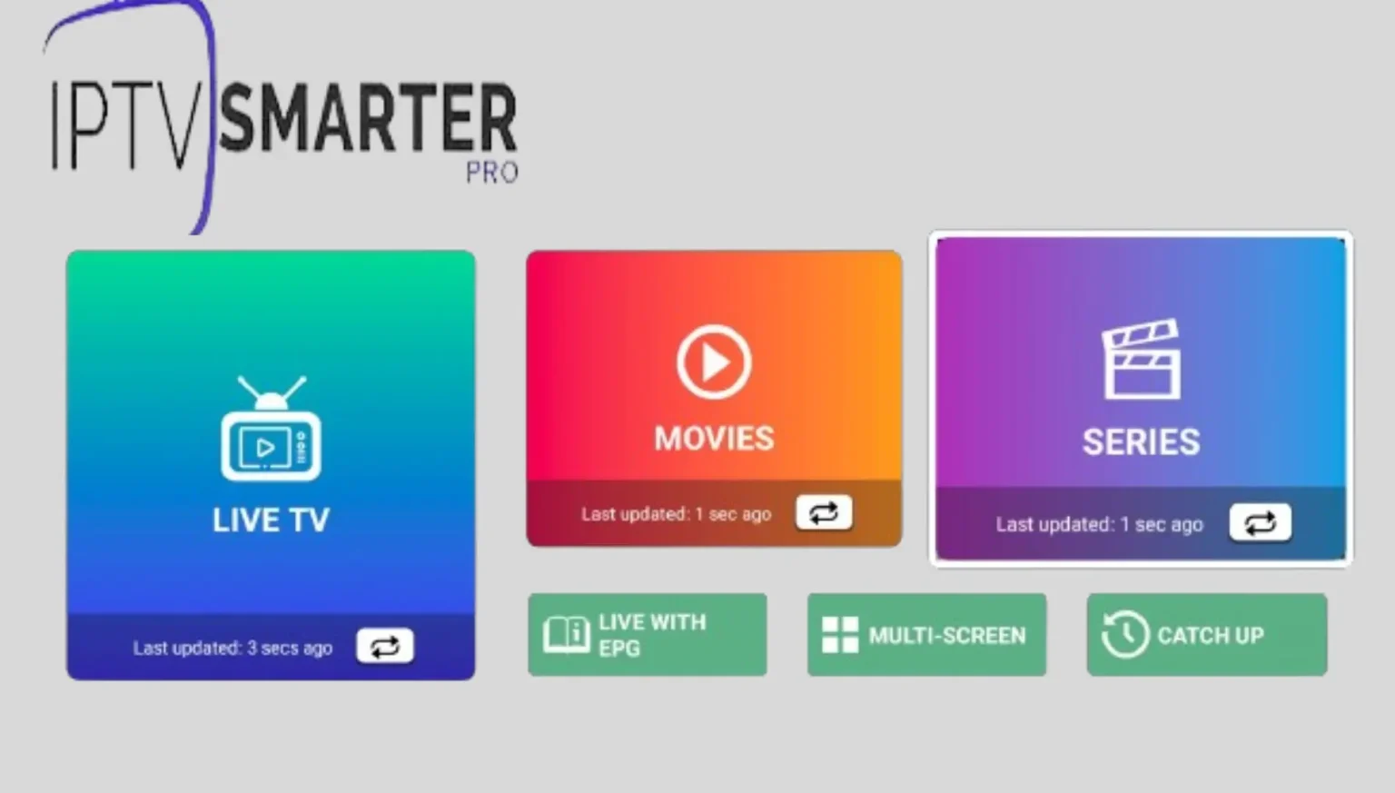 IPTV Smarters Pro dashboard with Live TV, Movies, Series, EPG and Catch-Up after Xtream Codes API login