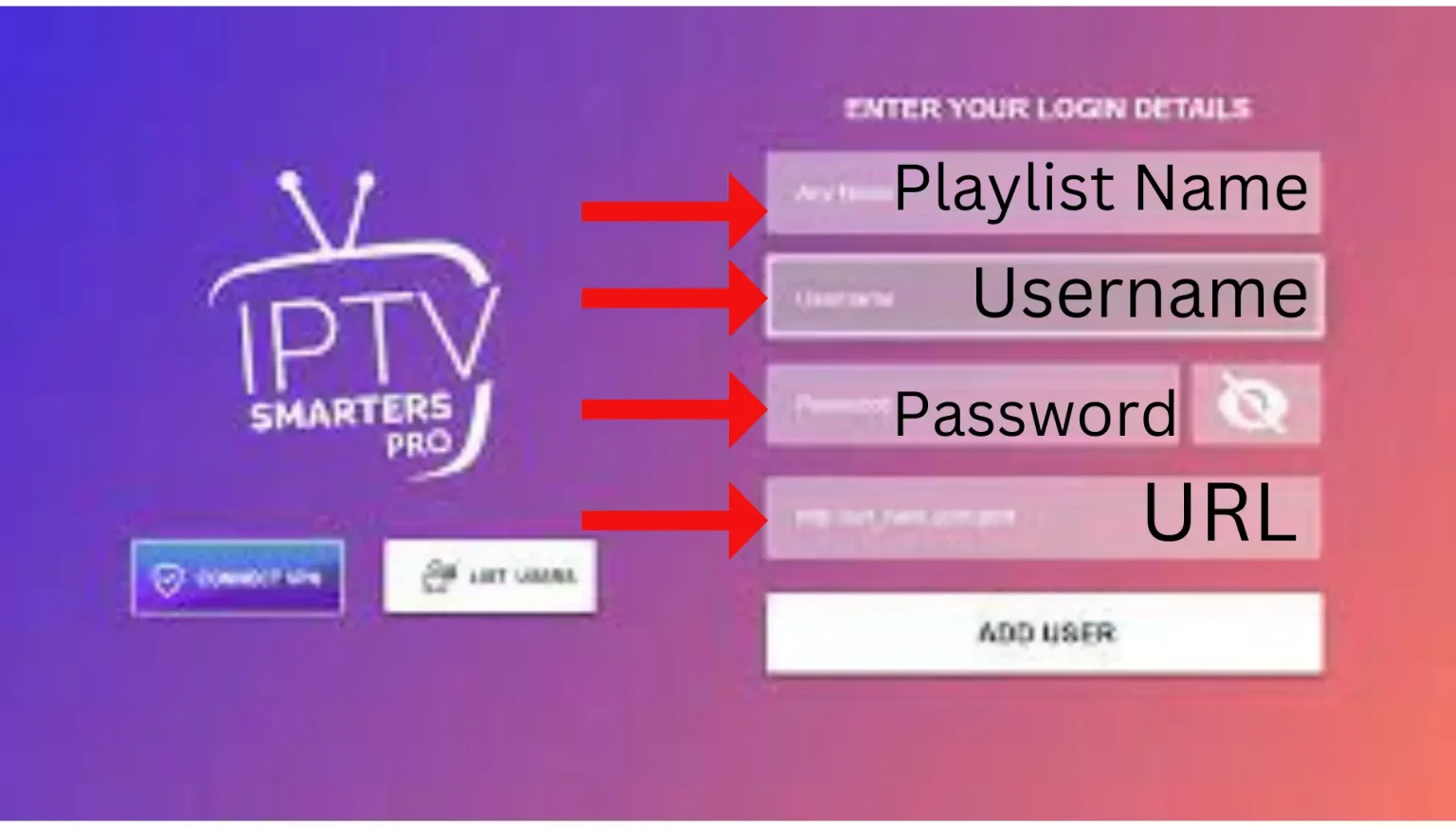 Xtream Codes API login form showing Playlist Name, Username, Password and Server URL fields