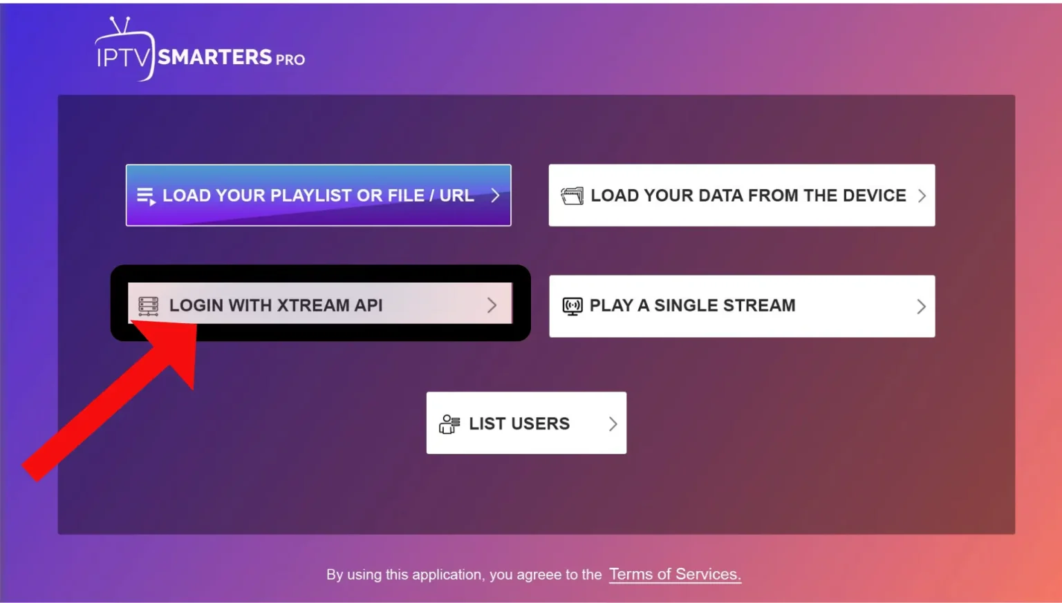 IPTV Smarters Pro home menu highlighting the Login with Xtream Codes API button