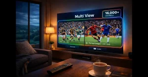 Split-screen view of GAA and Premier League matches on a 4K Smart TV using IPTV Services Ireland.