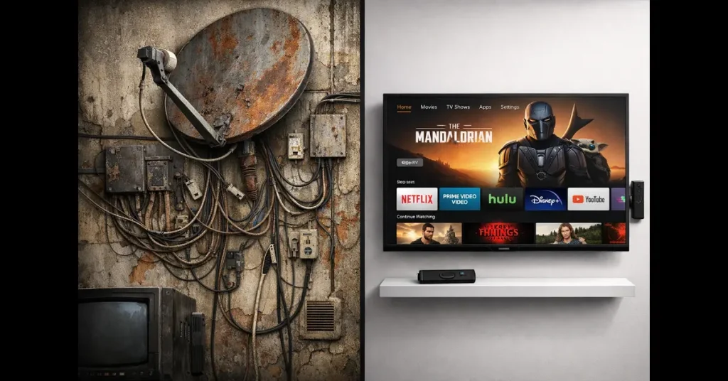 Comparison of traditional satellite dish vs modern IPTV streaming in Ireland.